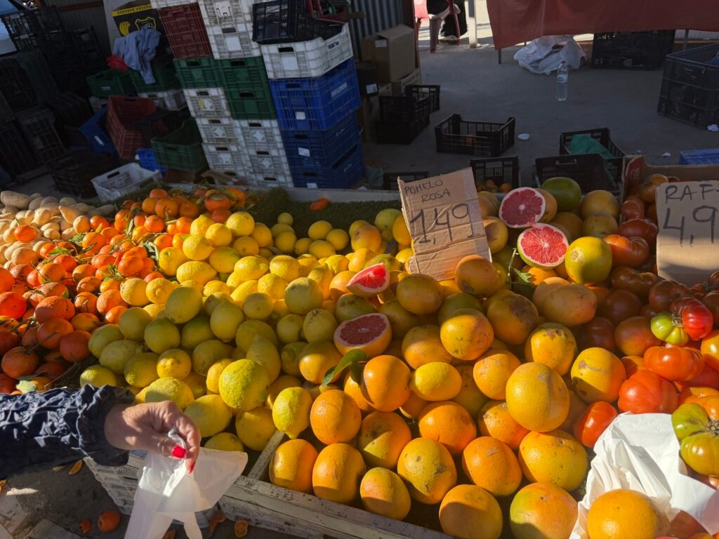 Étals de marché en janvier : agrumes locaux, abondance et couleurs